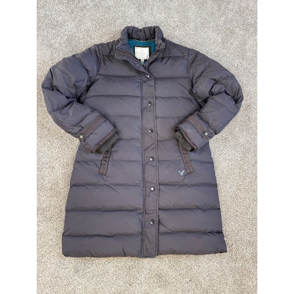American Eagle Long Puffer Coat Charcoal Grey Teal Lining Winter Parka‎ XL